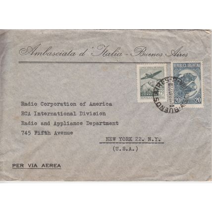 ITALY cover Ambasciata d'Italia - Buenos Aires, 4 March 1948 to New York