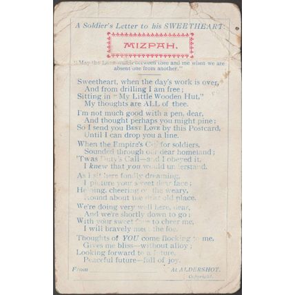 Mizpah, A Soldier's Letter to his Sweetheart, c.1914 - Postcard
