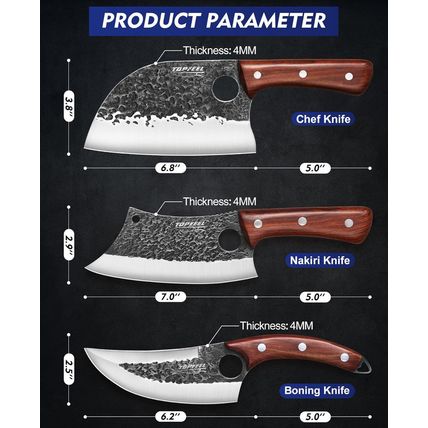3PCS Butcher Knife Set, Hand Forged Serbian Chef Knives & Meat Cleaver & Viking