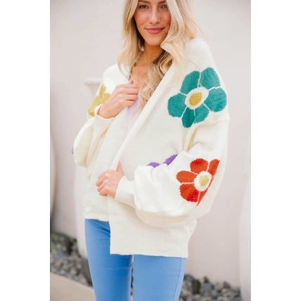 White Flower Jacquared Bubble Sleeve Open Cardigan