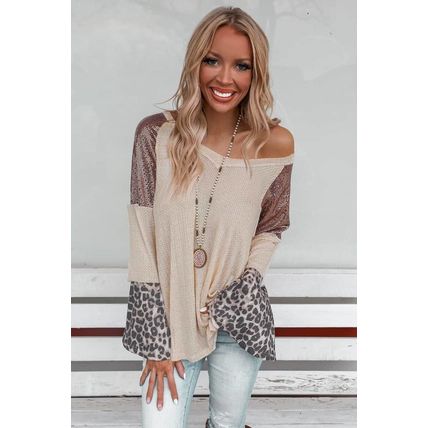 Leopard Sequin Patchwork Bell Sleeve V Neck Tunic Top
