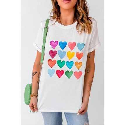 White Colorful Heart Shaped Print Crew Neck T Shirt