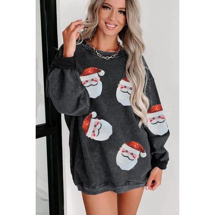 Black Sequined Santa Claus Corded Christmas Sweatshirt