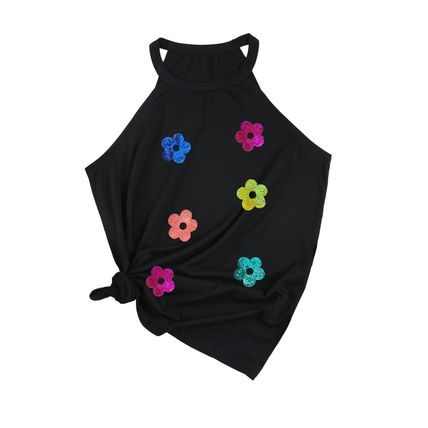 Black Sequin Flower Slim Fit Crewneck Tank Top