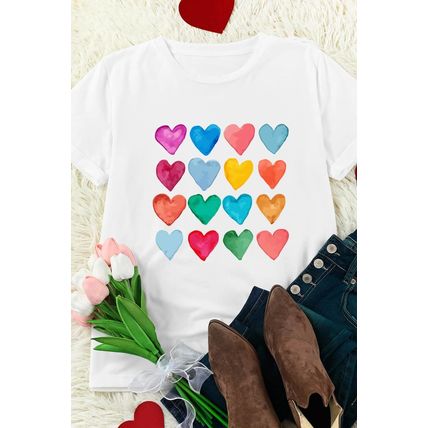 White Colorful Heart Shaped Print Crew Neck T Shirt