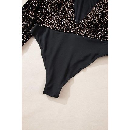 Black Deep V Back Sequin Puff Sleeve Bodysuit