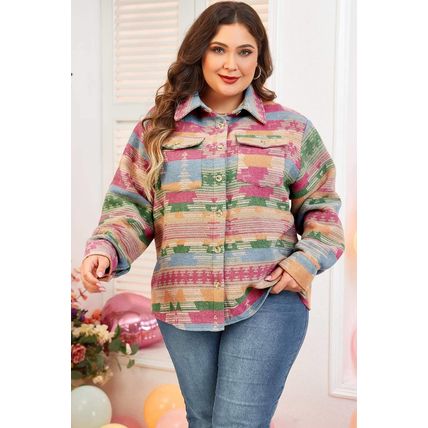 Pink Plus Size Aztec Printed Flap Pocket Shacket
