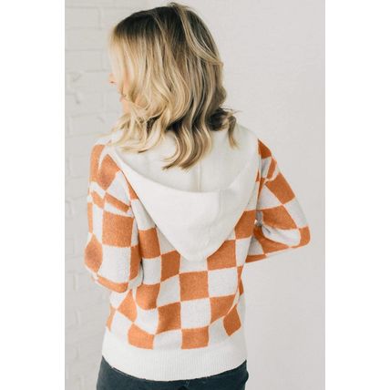 Gold Flame Checkered Split Neck Contrast Kangaroo Pocket Hooded Sweater