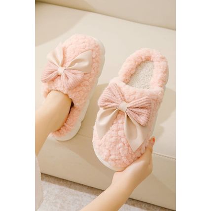 Pink Contrast Bowknot Applique Plush Winter Slippers