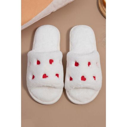 White Valentines Heart Embroidered Fuzzy Winter House Slippers