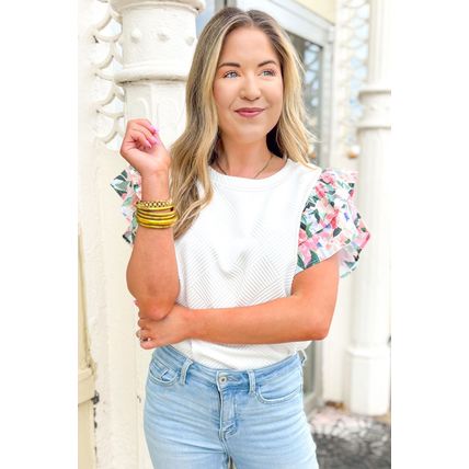 White Abstract Print Tiered Ruffled Sleeve Textured Knit Top