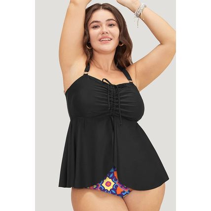 Black Drawstring Tied Front Flared Top Geometric Print Bottom Plus Size Tankinis