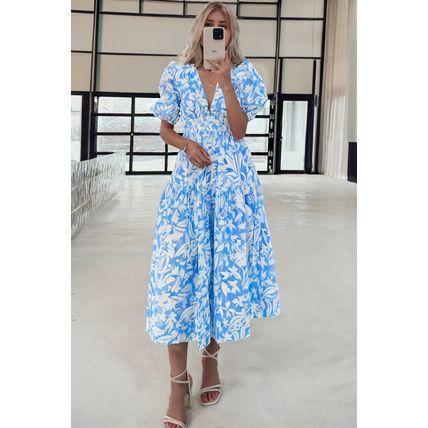 Sky Blue Floral V Neck Puff Short Sleeve Flowy Long Dress