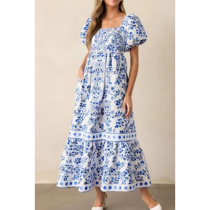 Sky Blue Floral Print Square Neck Bubble Sleeve High Waist Maxi Dress