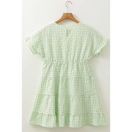 Green Stripe Textured Tiered Short Sleeve Loose Mini Dress