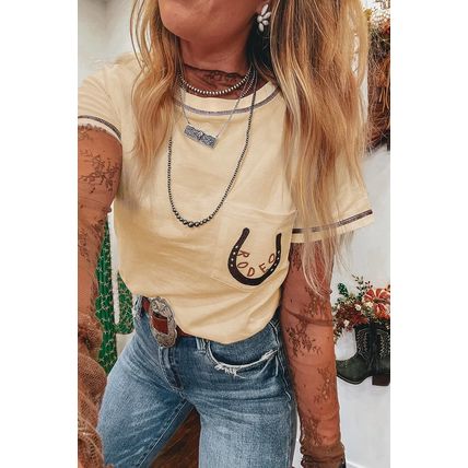 Apricot RODEO Horseshoe Embroidered Patch Pocket T Shirt