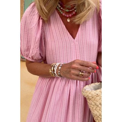 Pink Stripe V Neck Puff Short Sleeve Maxi Dress