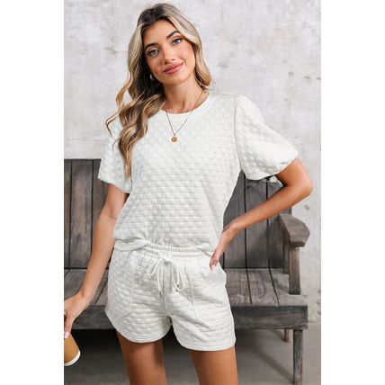 White Solid Color Checkered Texture Short 2pcs Outfit