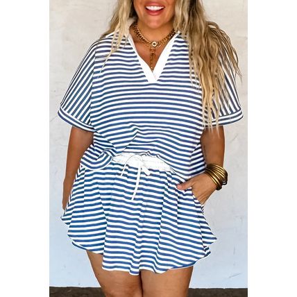 Blue Stripe Short Sleeve Collared V Neck Top Plus Size Short Set