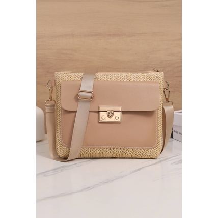 Thai Curry Leather Pocket Patchwork Straw Woven Shoulder Bag
