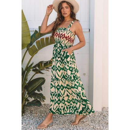 Green Western Aztec Shirred A-line Sleeveless Maxi Dress