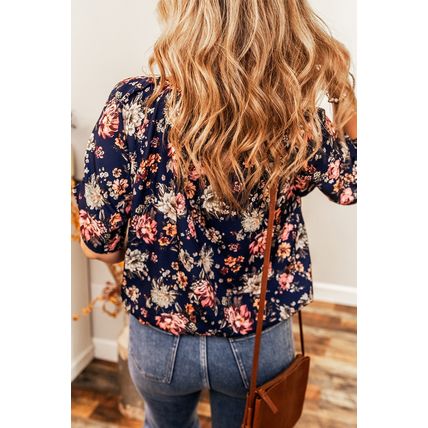Blue Floral Short Sleeve Scoop Neck Casual Blouse