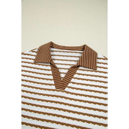 Khaki Stripe Collared Pullover Top and Drawstring Pant Set