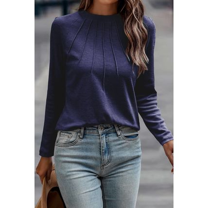 Navy Blue Solid Color Seam Detail Raglan Long Sleeve Top