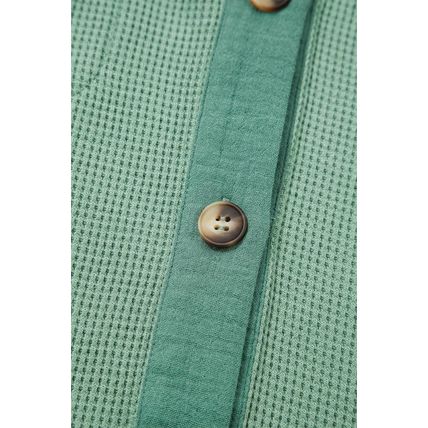 Grass Green Waffle Knit Vintage Patchwork Button Up Loose Shirt