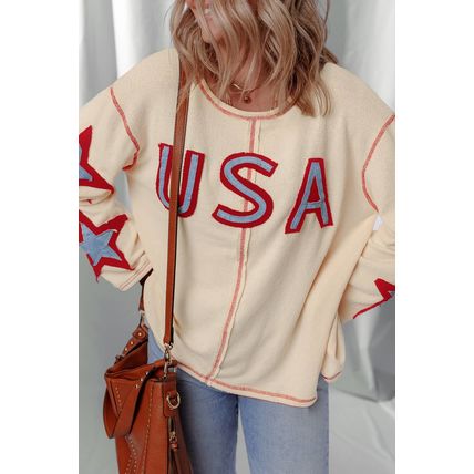 Beige USA Star Contrast Patchwork Exposed Seam Long Sleeve Top