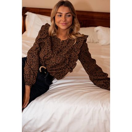 Brown Leopard Print Ruffled Puff Sleeve Blouse