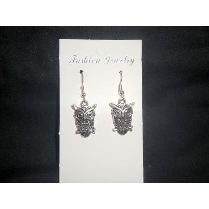 Original wide eyed long eared owl on branch short drop earrings