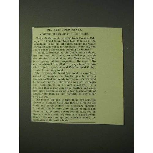 1900 Post Grape-Nuts Cereal Ad - Oil and Gold Mines. Visitors speak of the food
