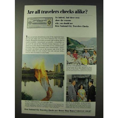 1965 First National City Bank Travelers Checks Ad - Are All Alike