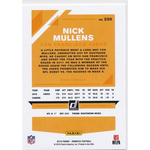 2019 Donruss Football Base 220 Nick Mullens San Francisco 49ers