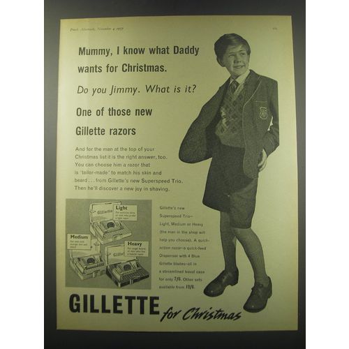 1957 Gillette Razors Ad - Mummy, I know what Daddy wants for Christmas. Do you
