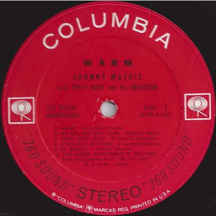 Columbia stereo LP #CS8039 - Johnny Mathis & Percy Faith Orchestra - "Warm"