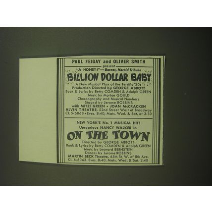 1946 Billion Dollar Baby and On The Town Plays Ad - Paul Feigay Present
