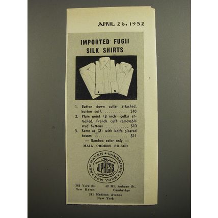1952 J. Press Silk Shirts Ad - Imported Fugii Silk Shirts