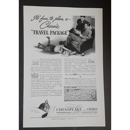 Original Chesapeake "Chessie" Railroad Train Print Ad Mid-Century 1940s Vintage