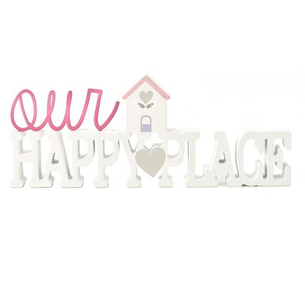 Our Happy Place Mantel Plaque 13 CM White & Pink Gift Home Decor Wooden