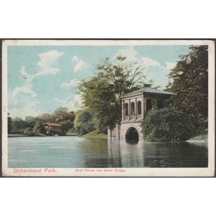 Boat House and Swiss Bridge, Birkenhead Park, Cheshire, 1904 - Peacock Postcard
