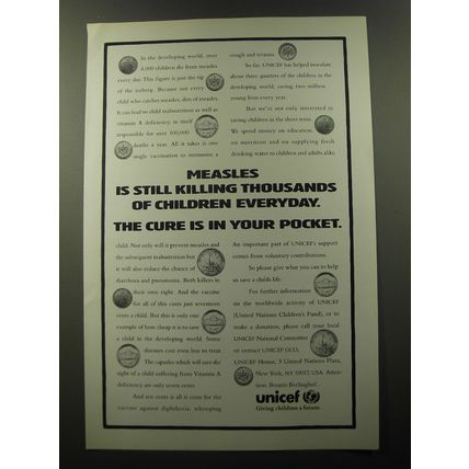 1992 UNICEF United Nations Children's Fund Ad - Measles is still killing