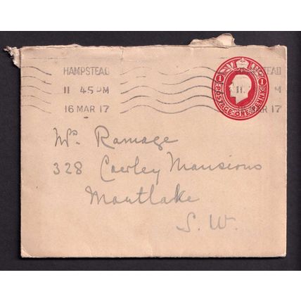 Great Britain KGV 1917 1d Red Cover Embossed Postal Stationery Used Hamsptead