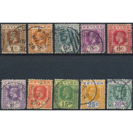 KGV: 10 Values - Ceylon 1921 - F H - SG 338, 340/3, 345, 349 & 351/2b