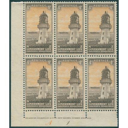 New Zealand 1947 4d. brown & yellow-orange Life Insurance SGL47 unused block x6