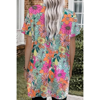 Multicolor Boho Flower Print Short Sleeve Tunic Top