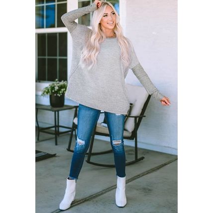 Gray Exposed Seam Patchwork Long Sleeve Top