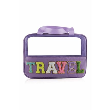 Purple TRAVEL Chenille Letter Clear PVC Makeup Bag