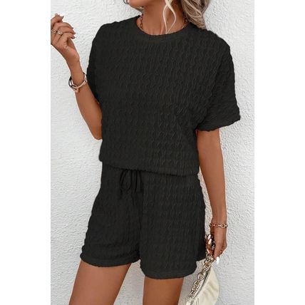 Black Frill Textured Short Sleeve Top and Drawstring Shorts Set